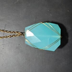 Gold Tone Aqua Rectangle Wire Wrapped Stone Pendant Necklace